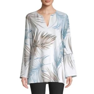 Lafayette 148 Wilmer Blue Tan Palm Print Tunic Long Sleeve Shirt XS NWOT